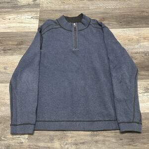 Tommy Bahama Blue Gray Men XL Reversible 1/4 Zip Cotton Mock Neck Sweater Preppy